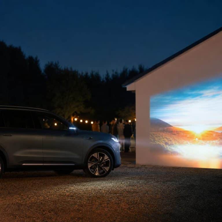 Un SUV électrique projetant une image colorée sur un mur lors d’une soirée en plein air, illustration de la fonction projecteur.