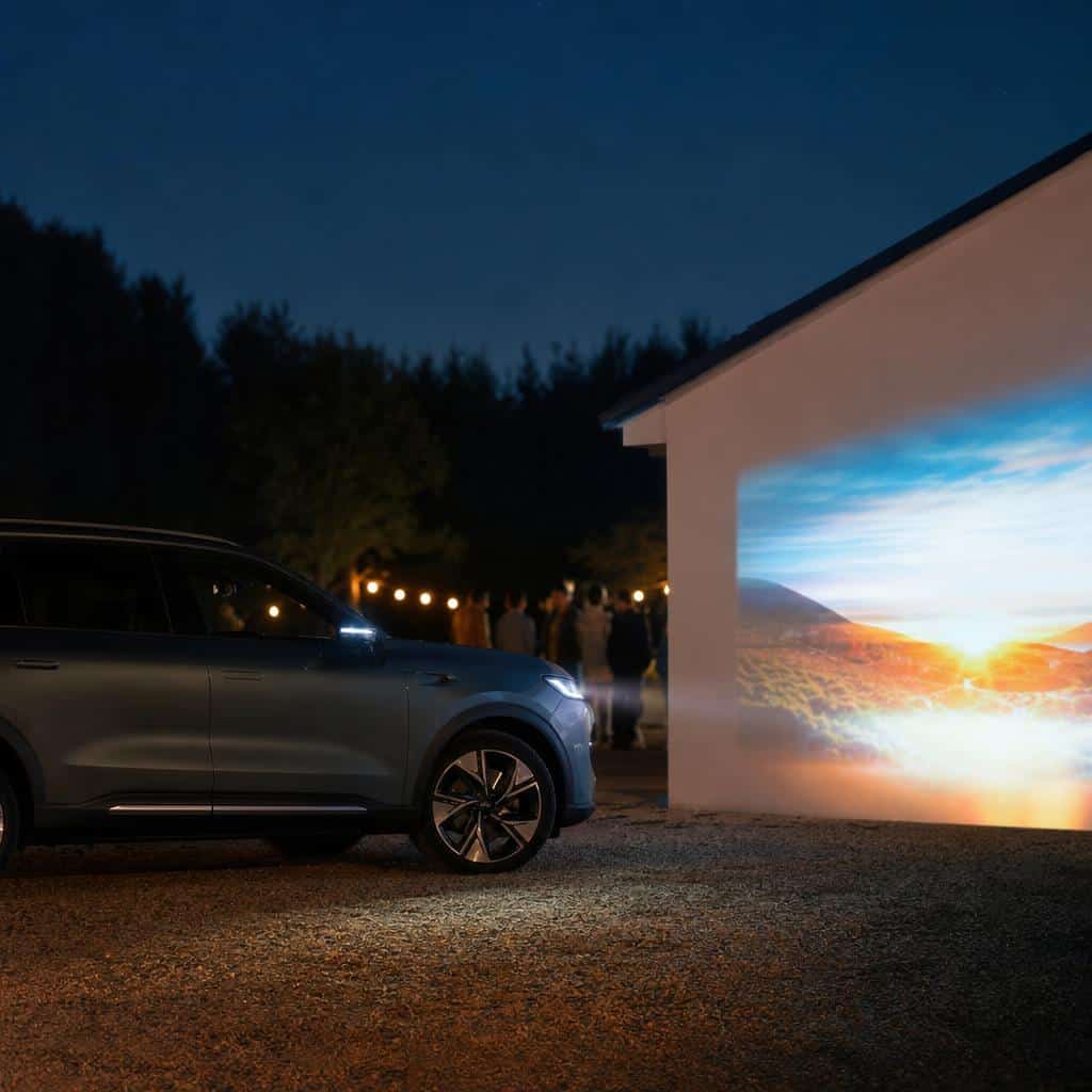 Un SUV électrique projetant une image colorée sur un mur lors d’une soirée en plein air, illustration de la fonction projecteur.