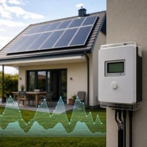Panneaux solaires sur le toit d’une maison, compteur électrique et courbe de consommation
