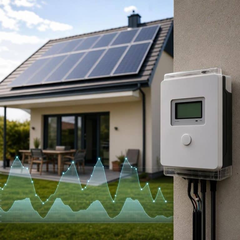 Panneaux solaires sur le toit d’une maison, compteur électrique et courbe de consommation
