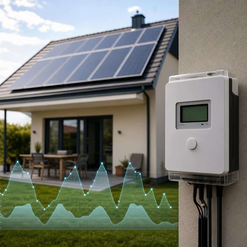 Panneaux solaires sur le toit d’une maison, compteur électrique et courbe de consommation
