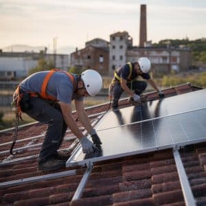 Techniciens installant des panneaux solaires sur une toiture, dans un paysage industriel en reconversion