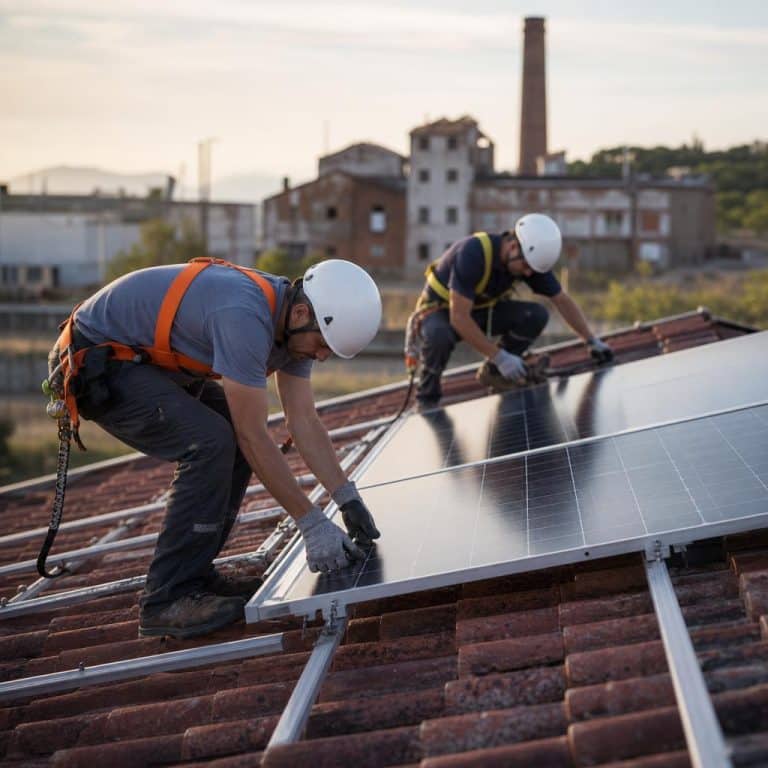Techniciens installant des panneaux solaires sur une toiture, dans un paysage industriel en reconversion