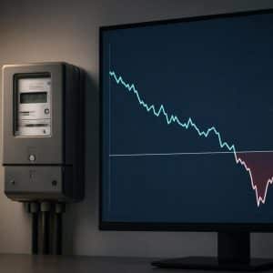 Compteur électrique avec un graphique de prix de l’électricité en baisse.