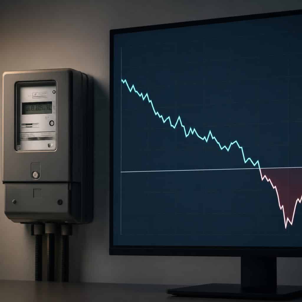 Compteur électrique avec un graphique de prix de l’électricité en baisse.