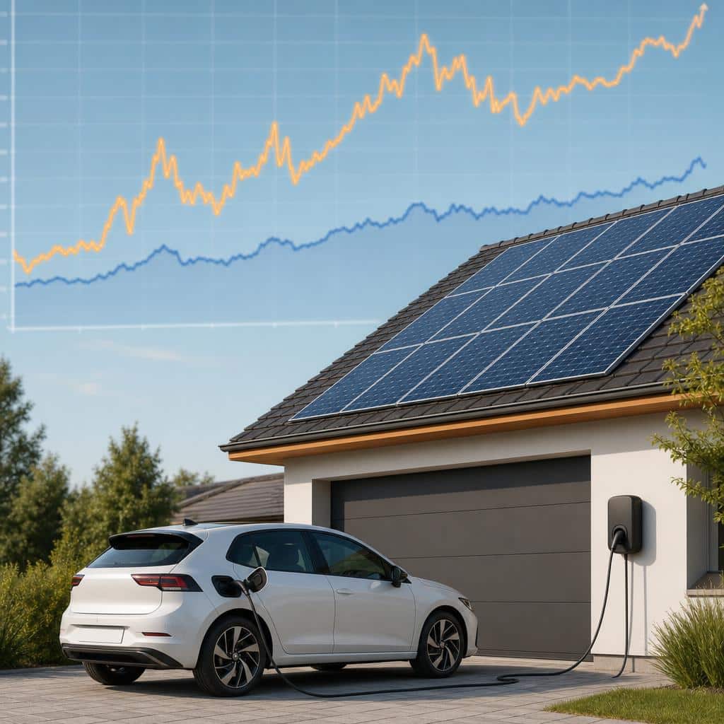 Graphique de prix de l’électricité devant une maison avec panneaux solaires et voiture électrique en recharge