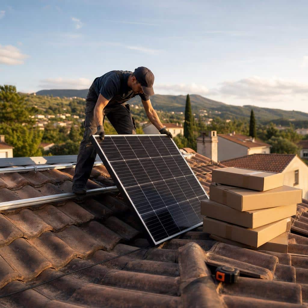 Installateur posant un panneau solaire sur le toit d’une maison.