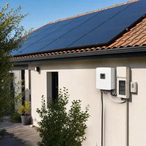 Panneaux solaires sur un toit et compteur électrique, symbolisant le rachat du surplus