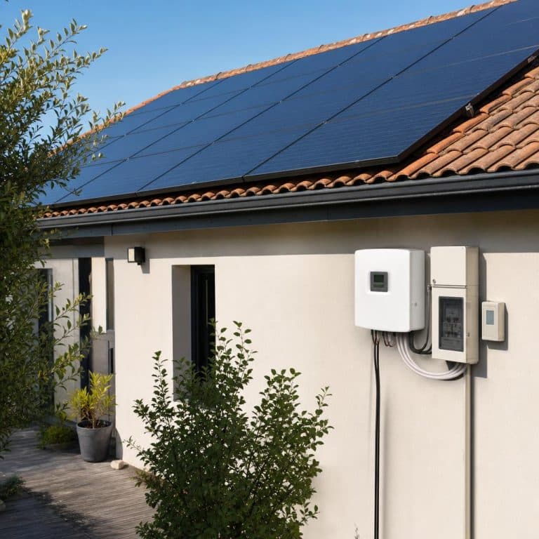 Panneaux solaires sur un toit et compteur électrique, symbolisant le rachat du surplus
