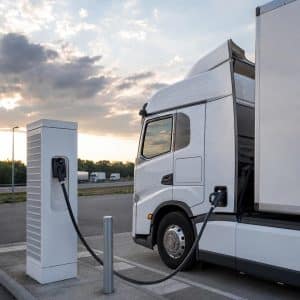 Camion électrique en charge sur une station haute puissance le long d’une autoroute