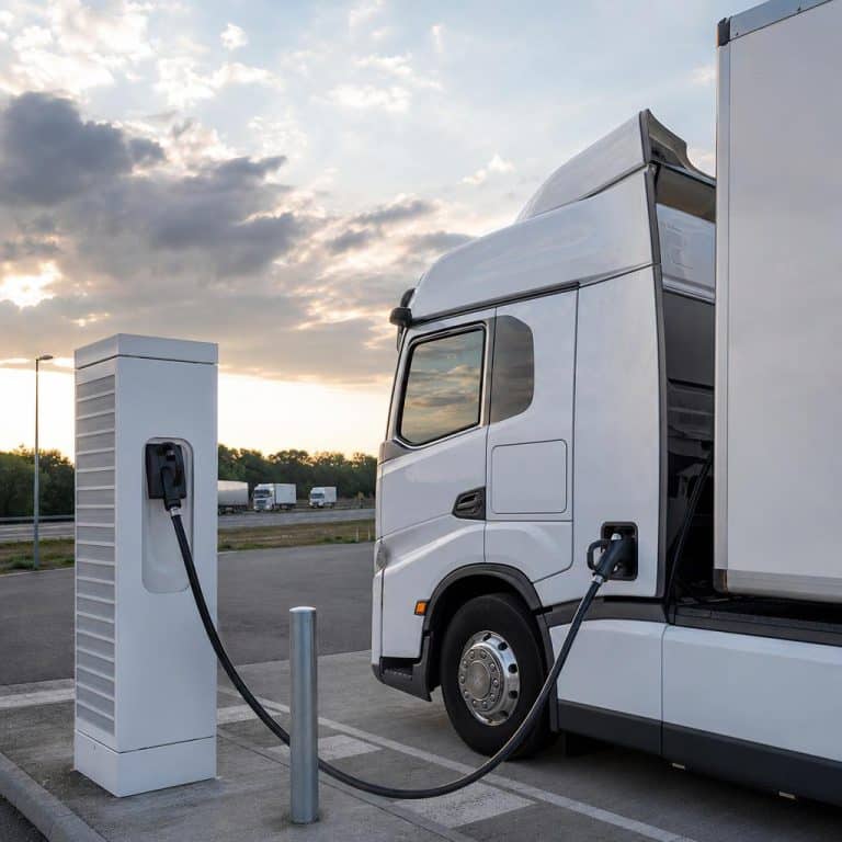 Camion électrique en charge sur une station haute puissance le long d’une autoroute