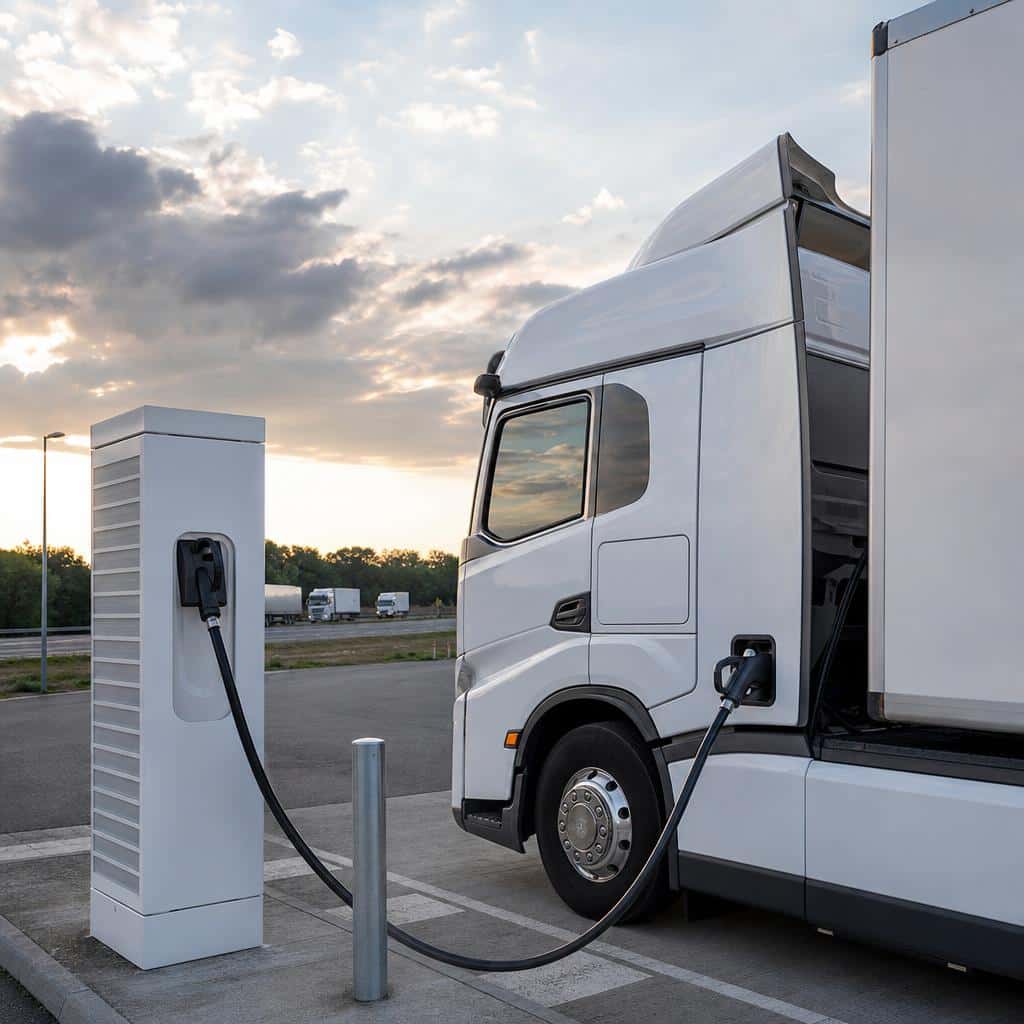 Camion électrique en charge sur une station haute puissance le long d’une autoroute