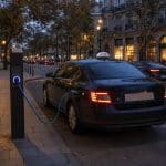 Un taxi électrique en ville devant une borne publique, de nuit, avec une signalétique générique et un seul câble connecté