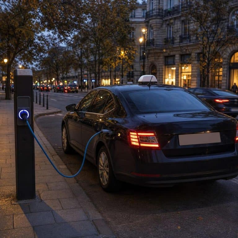 Un taxi électrique en ville devant une borne publique, de nuit, avec une signalétique générique et un seul câble connecté