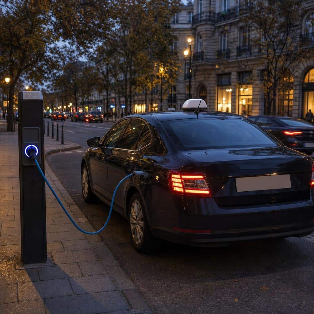 Un taxi électrique en ville devant une borne publique, de nuit, avec une signalétique générique et un seul câble connecté