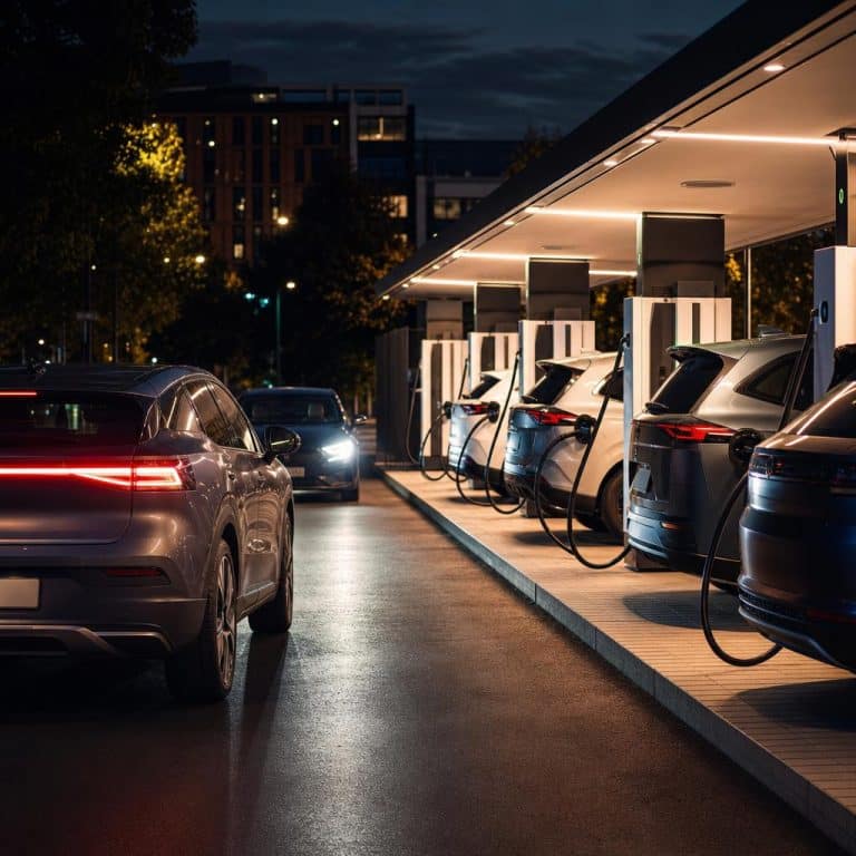 Station de recharge rapide avec plusieurs voitures en attente, de nuit, ambiance urbaine