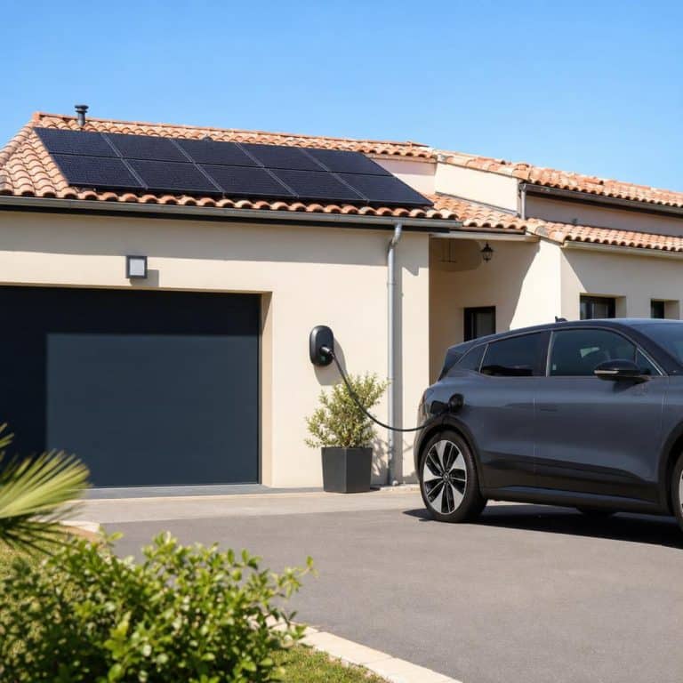 Une voiture électrique en charge sur une borne domestique en pleine journée, avec des panneaux solaires