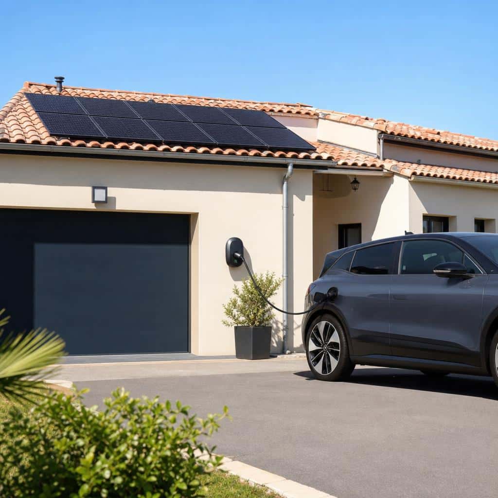 Une voiture électrique en charge sur une borne domestique en pleine journée, avec des panneaux solaires