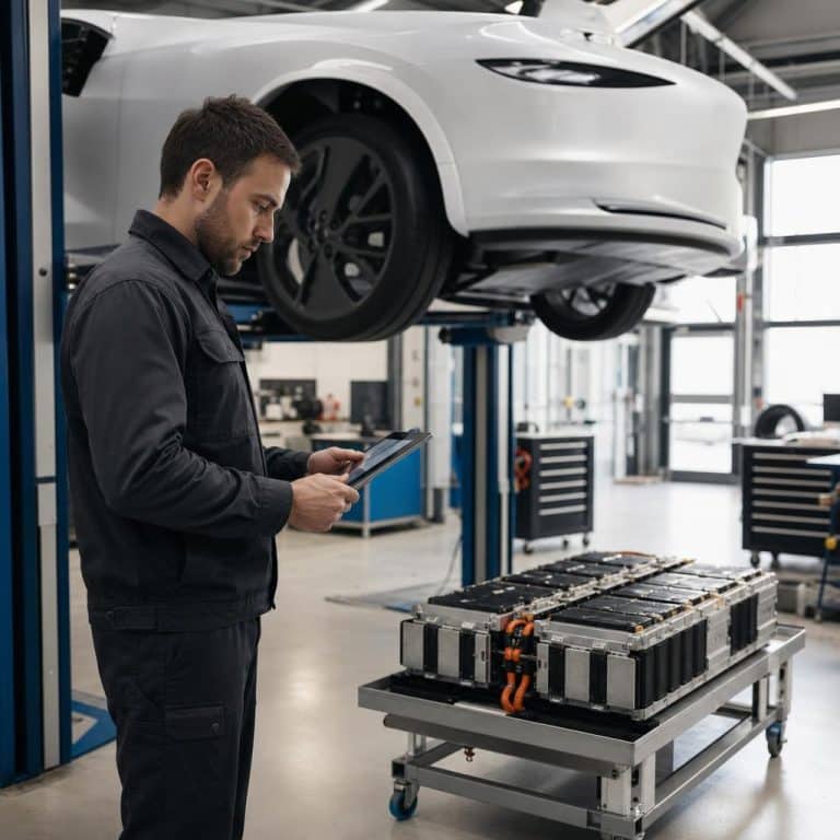 Atelier automobile avec un technicien et une voiture électrique sur pont, module batterie en arrière-plan