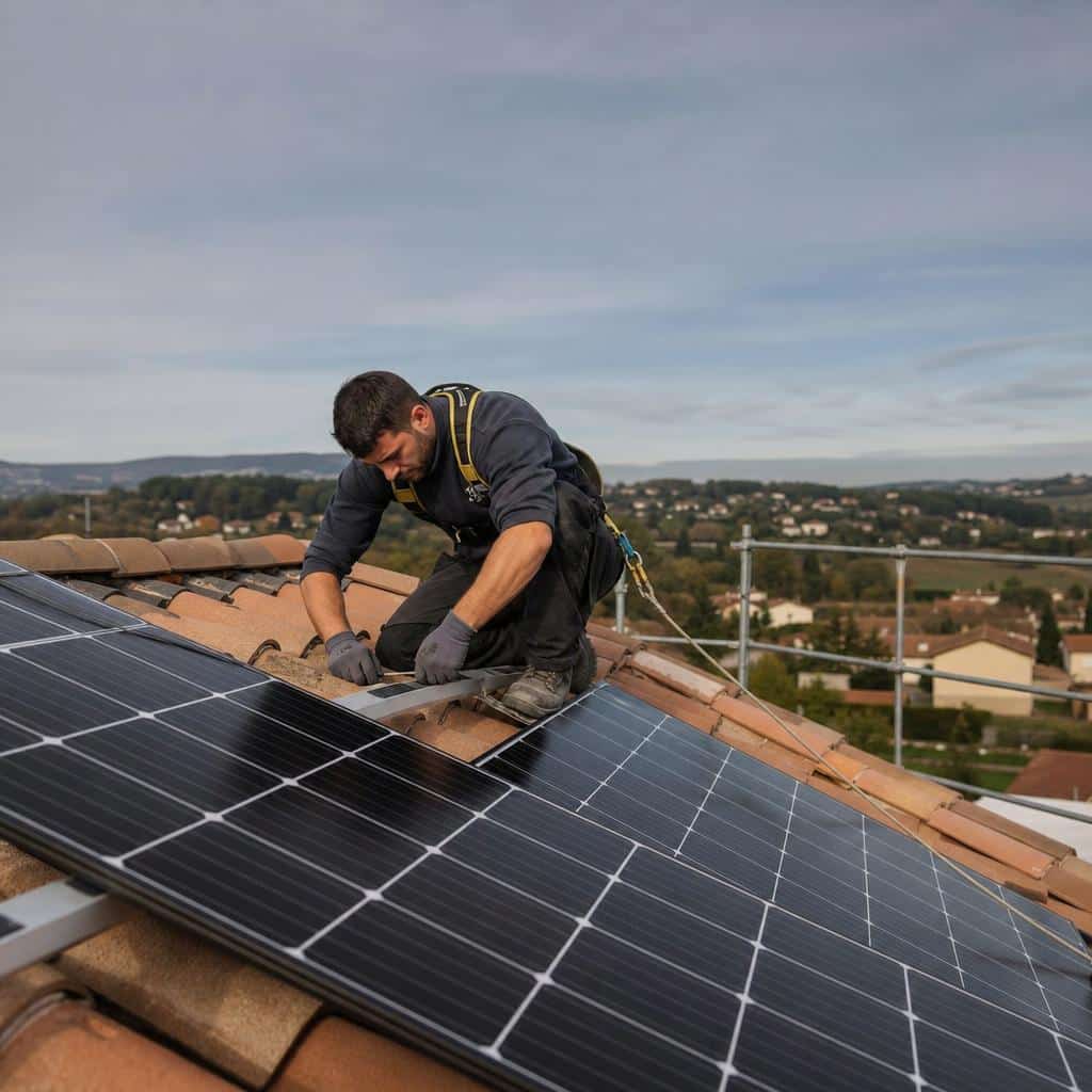 Un installateur fixe des panneaux solaires sur une toiture.