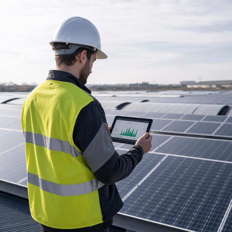 Technicien inspectant une installation photovoltaïque sur une toiture