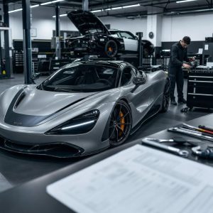 Atelier automobile haut de gamme avec une voiture hybride et une facture d’entretien sur un clipboard