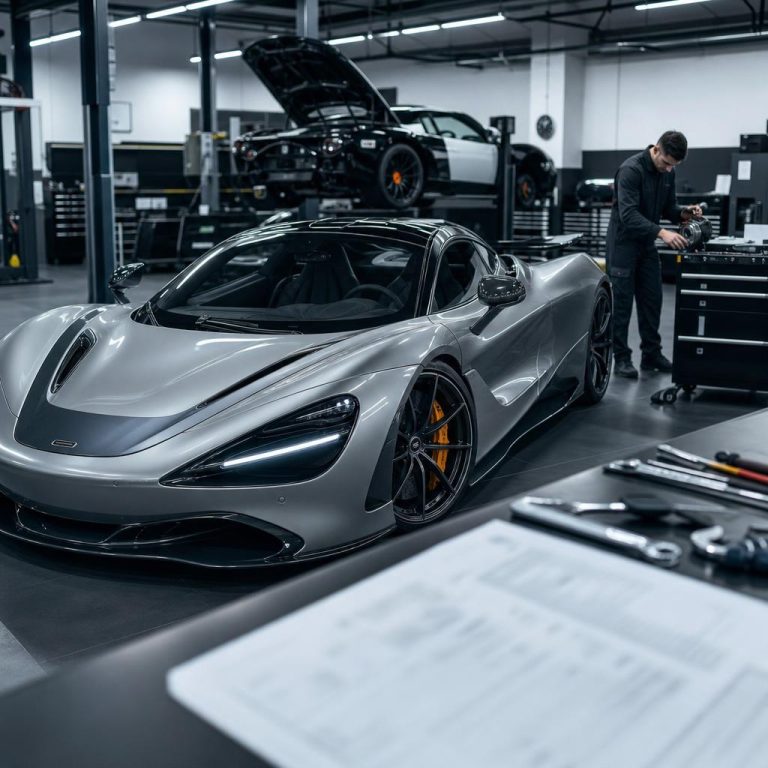 Atelier automobile haut de gamme avec une voiture hybride et une facture d’entretien sur un clipboard