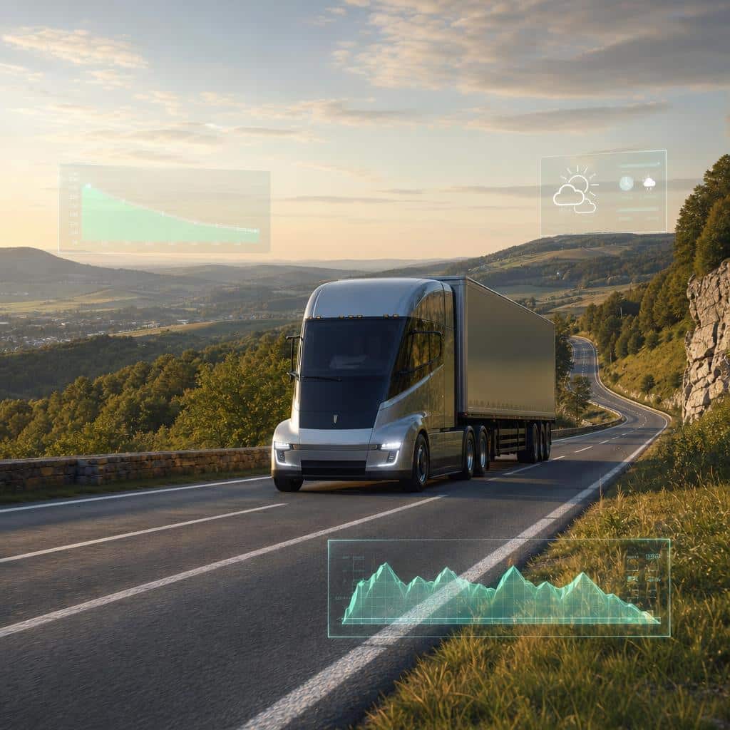 Illustration d’un camion électrique sur route avec une interface de simulation d’autonomie en surimpression