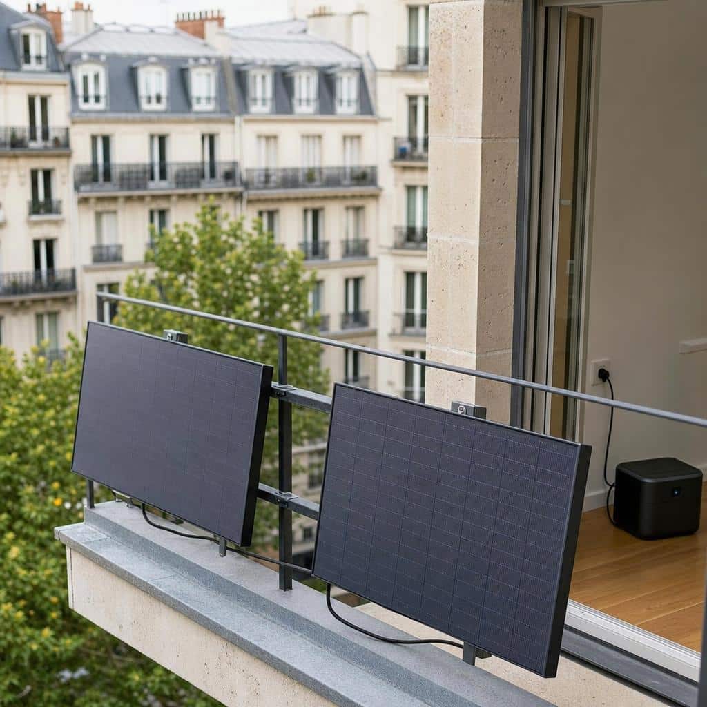 Des panneaux solaires sur un balcon avec un boîtier de suivi et une petite batterie domestique à l’intérieur