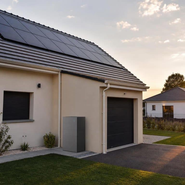 Une maison avec panneaux solaires et une batterie domestique, au coucher du soleil