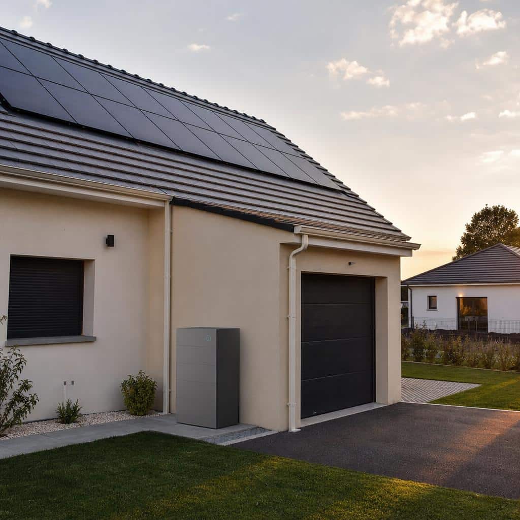 Une maison avec panneaux solaires et une batterie domestique, au coucher du soleil