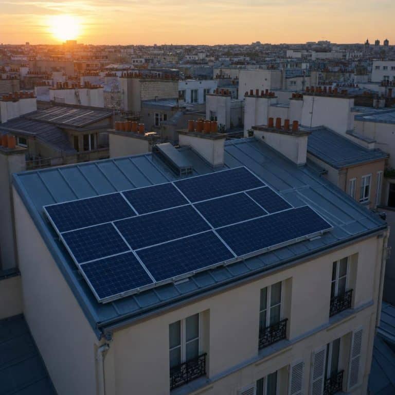 Panneaux solaires sur des toits en ville au coucher du soleil, symbolisant une production locale face aux prix de l’énergie