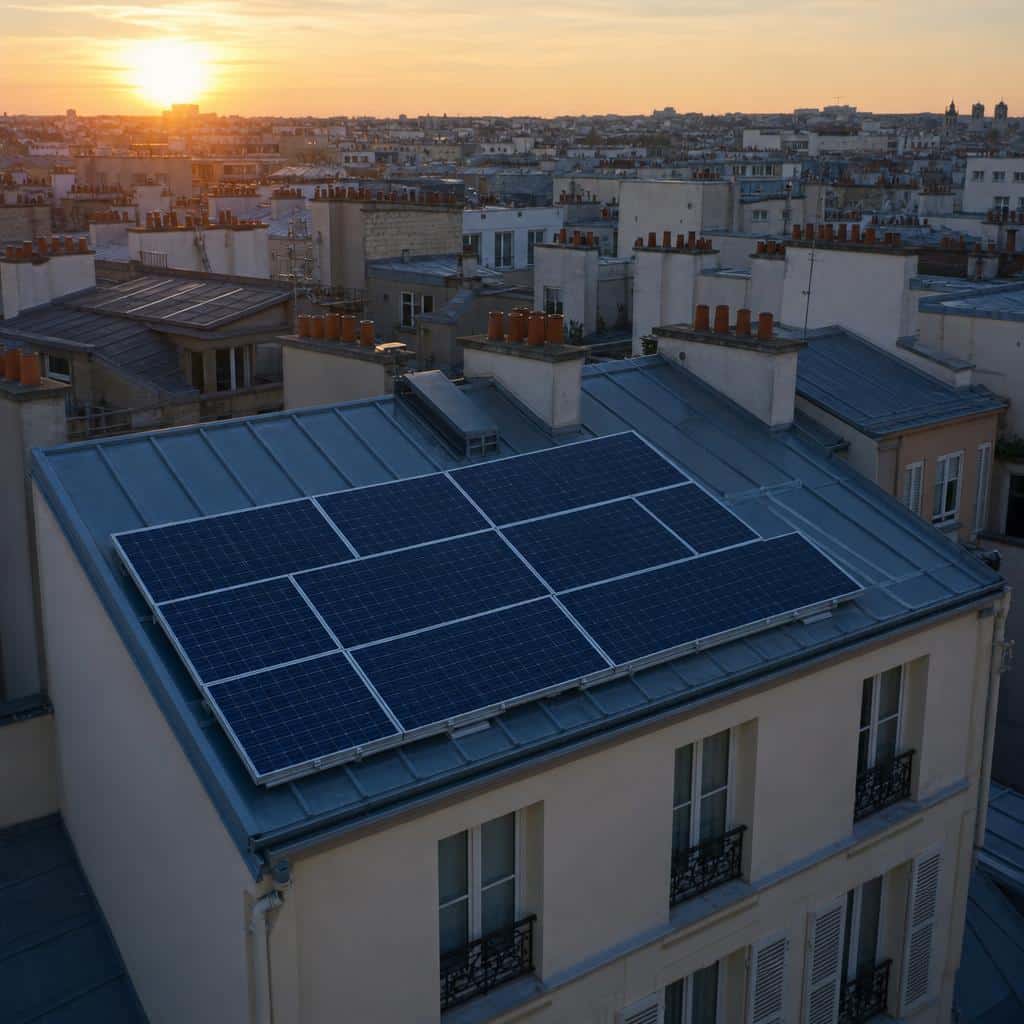 Panneaux solaires sur des toits en ville au coucher du soleil, symbolisant une production locale face aux prix de l’énergie