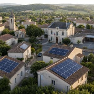 Panneaux solaires sur des toitures et bâtiments locaux, illustrant un projet photovoltaïque ancré dans un territoire