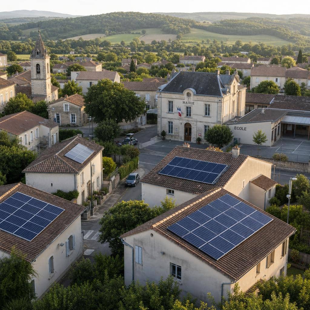 Panneaux solaires sur des toitures et bâtiments locaux, illustrant un projet photovoltaïque ancré dans un territoire