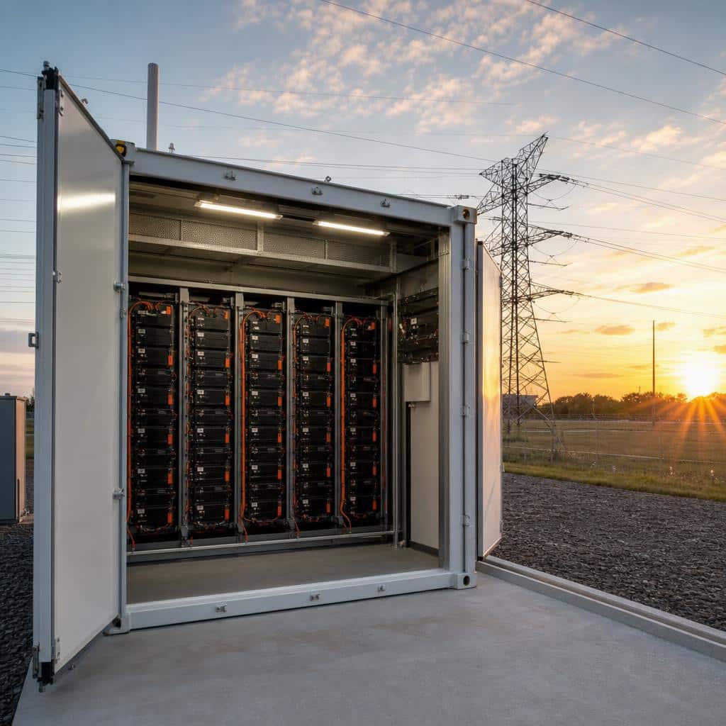 Batteries de stockage d’énergie alignées dans un conteneur industriel, avec une silhouette de pylônes électriques en arrière-plan