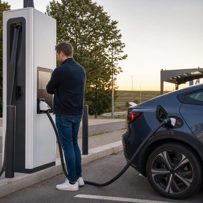 Une voiture électrique recharge sur une station rapide d’autoroute, avec un conducteur regardant l’écran de la borne