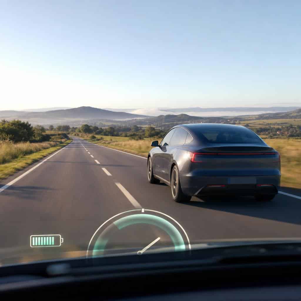 Voiture électrique sur route avec un indicateur de batterie stylisé montrant une longue durée de vie