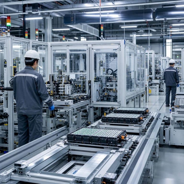 Ligne de production de cellules de batterie en usine, ambiance industrielle propre, lumière froide