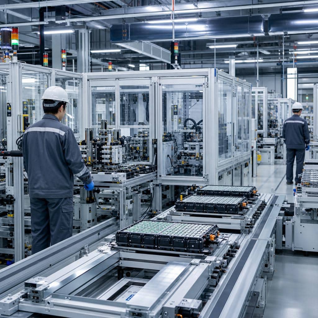 Ligne de production de cellules de batterie en usine, ambiance industrielle propre, lumière froide
