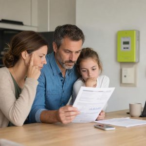 Une famille examine une facture d’électricité à la maison, symbole des offres « pouvoir d’achat » et de la comparaison des tarifs
