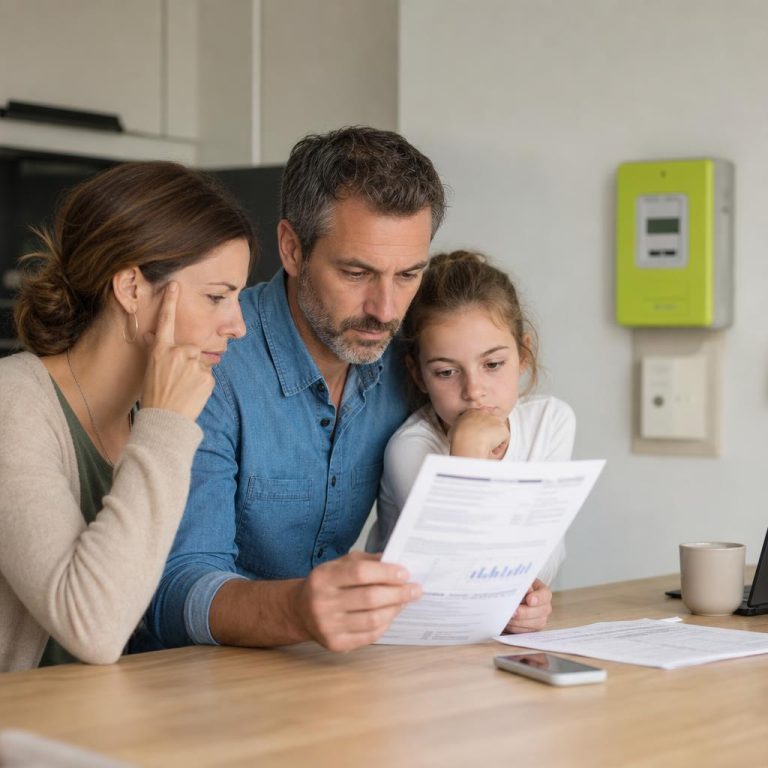 Une famille examine une facture d’électricité à la maison, symbole des offres « pouvoir d’achat » et de la comparaison des tarifs
