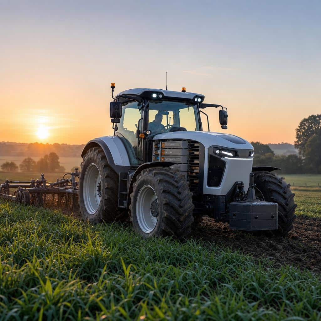 Tracteur électrique dans un champ au lever du jour avec des batteries modulaires à proximité