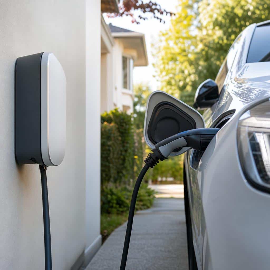 Voiture électrique branchée à domicile avec un compteur affichant une recharge en cours