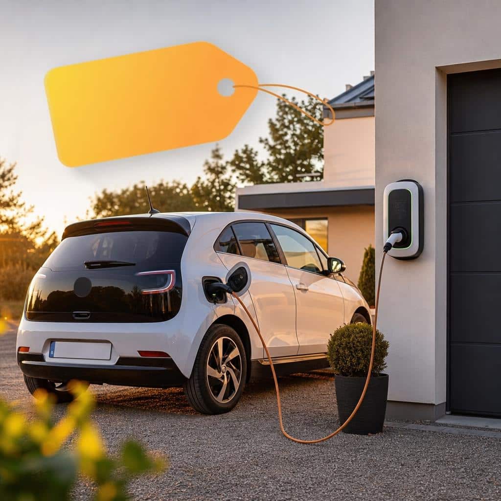 Voiture électrique citadine branchée à une borne domestique, avec une étiquette de prix stylisée