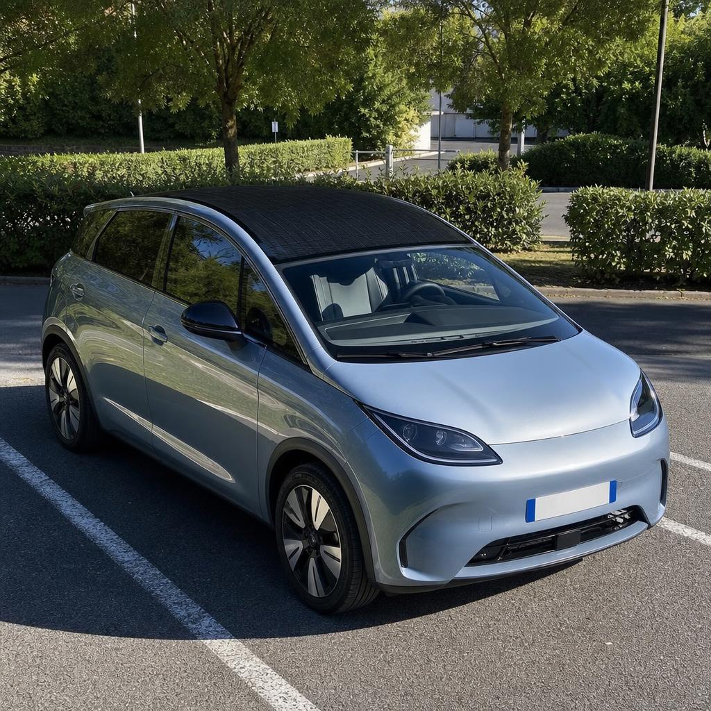 Une voiture électrique garée au soleil avec un toit sombre évoquant des cellules solaires, sur un parking extérieur