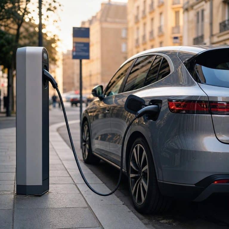 Une borne de recharge publique en ville, avec un panneau de réglementation urbaine en arrière-plan, en fin d’après-midi