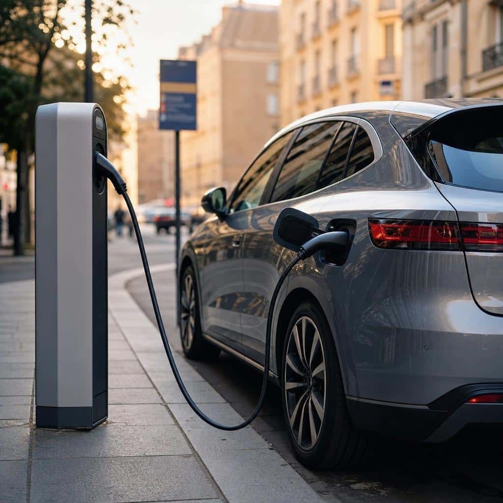 Une borne de recharge publique en ville, avec un panneau de réglementation urbaine en arrière-plan, en fin d’après-midi