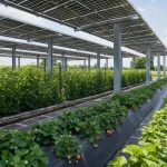 Ombrière solaire au-dessus de cultures fruitières dans une exploitation agricole française
