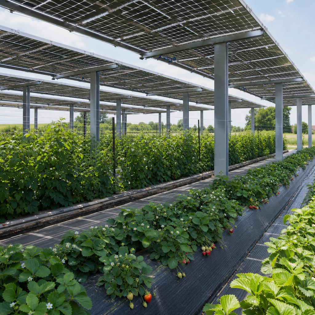 Ombrière solaire au-dessus de cultures fruitières dans une exploitation agricole française